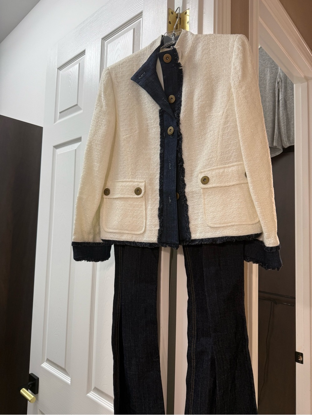 Cream Tweed Blazer with Black Contrast Trim